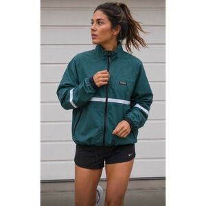 Vintage Running Room Womens Teal Reflective Windbreaker Jacket Made in USA Small
